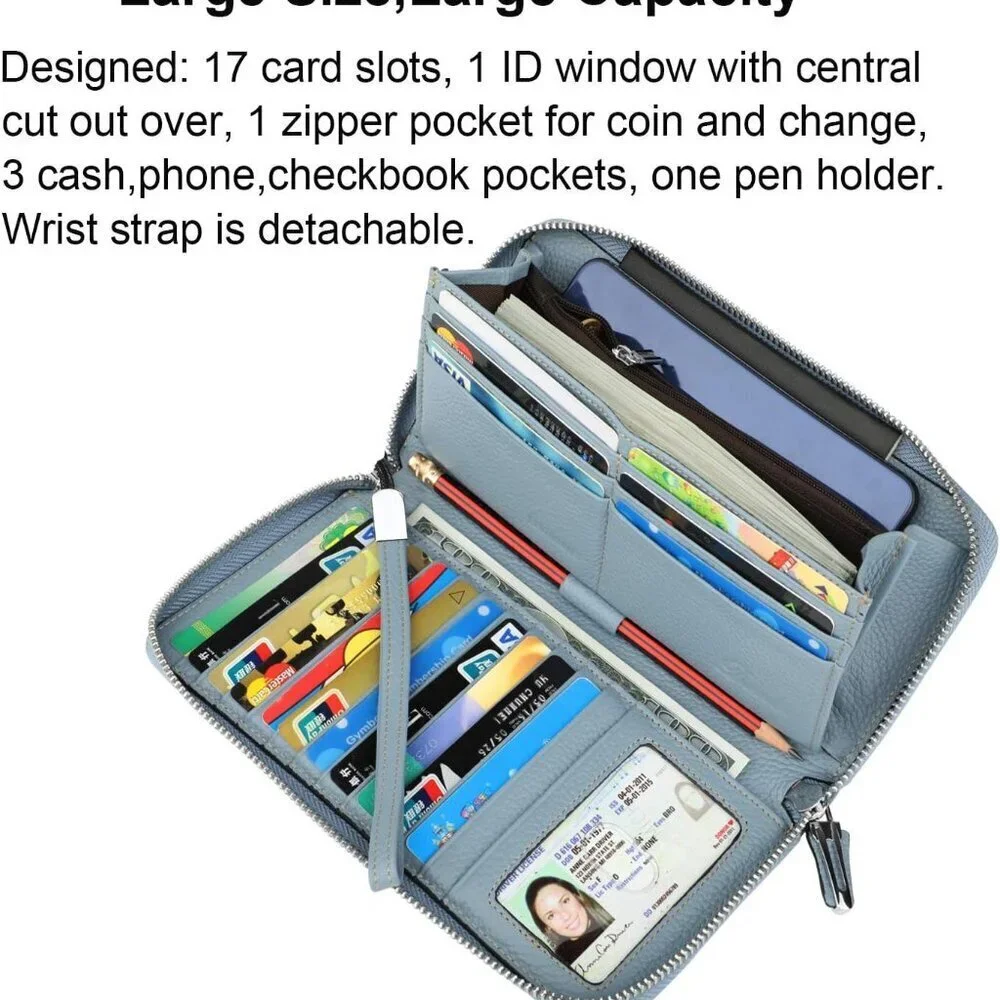 Women's Leather RFID Blocking Wallet Phone Clutch Travel Purse Wristlet - Picture 3 of 6